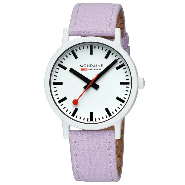 Mondaine Essence Large White Case Lavender Strap Sustainable 41mm