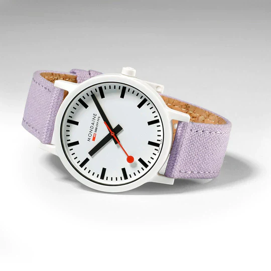 Mondaine Essence Large White Case Lavender Strap Sustainable 41mm