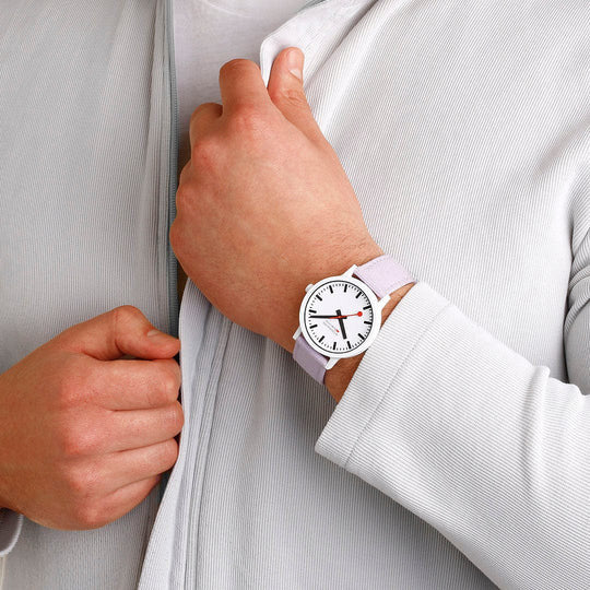 Mondaine Essence Large White Case Lavender Strap Sustainable 41mm