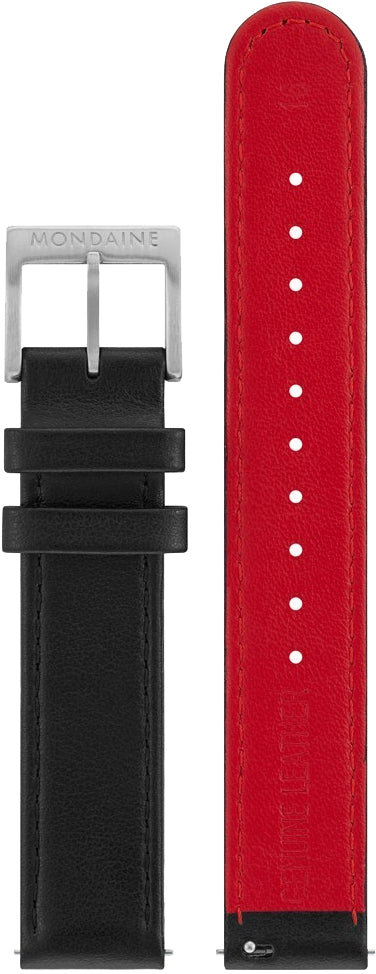 Mondaine Black Leather Strap Red Lining 16mm