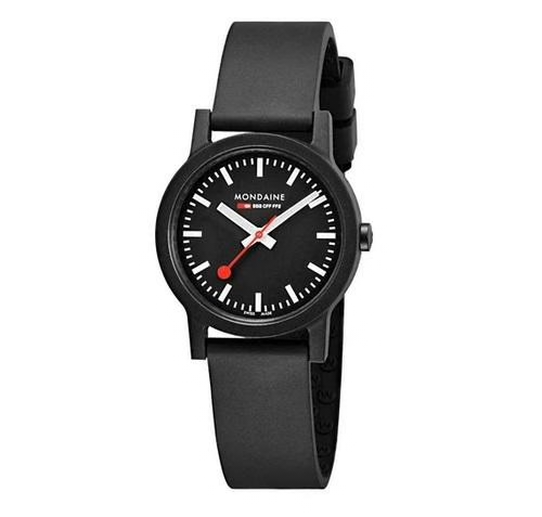 Mondaine Essence Black Case Vegan Strap Sustainable Watch 32mm